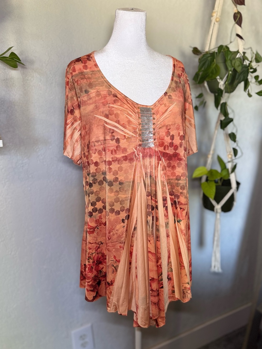 World Unity Peach Floral & Geo Print V-Neck Tunic with Sequin Accent